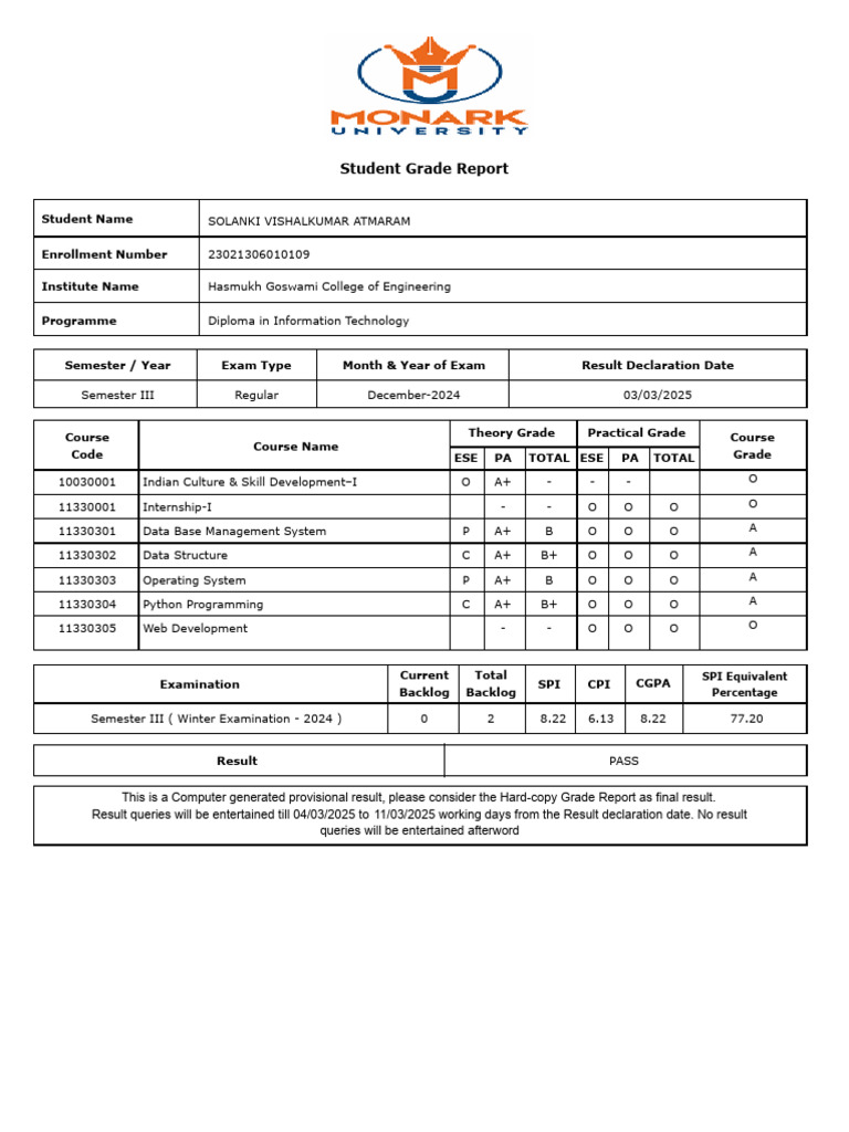 Student Grade Report - Semester III Results | PDF | Educational Stages ...