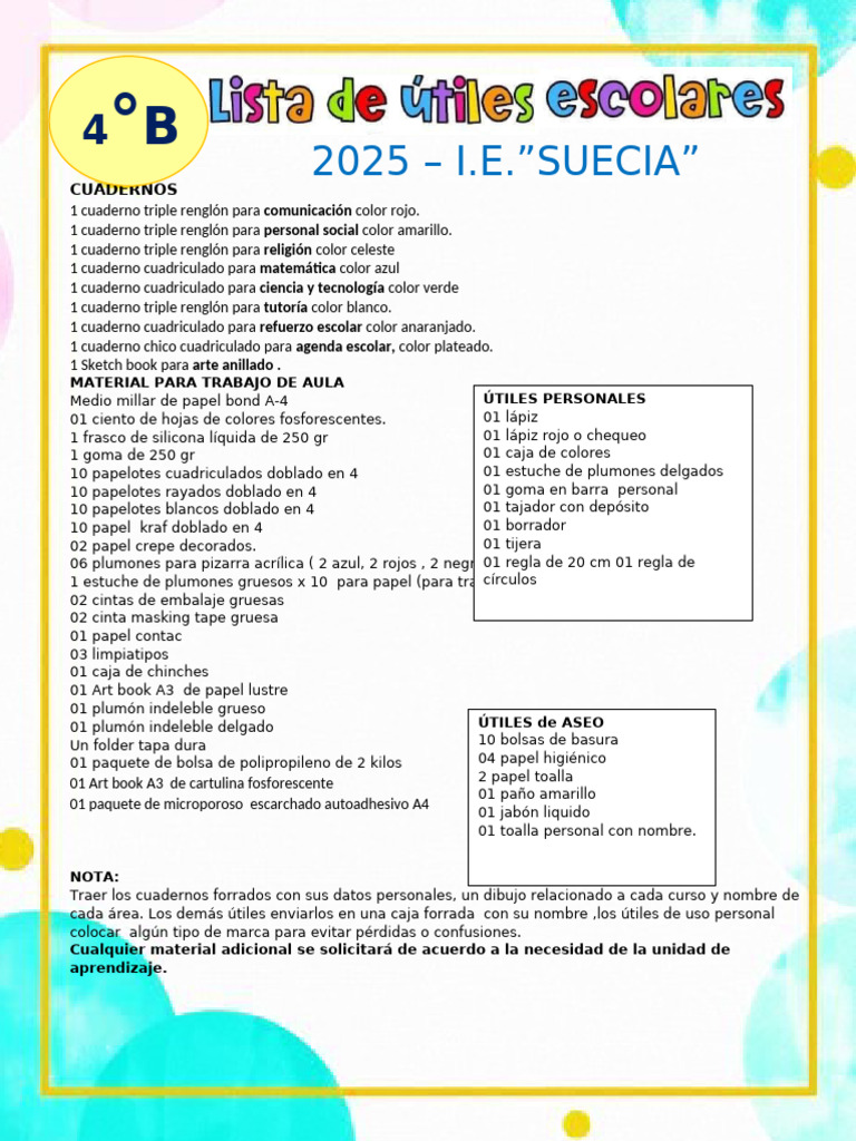 Lista de Útiles Escolares 2025 | PDF | Cuaderno | Papelería