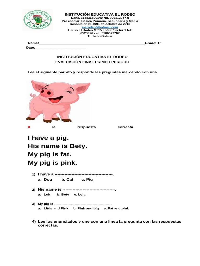 Examen Final de Ingles Primer Periodo Grado 1ro | PDF