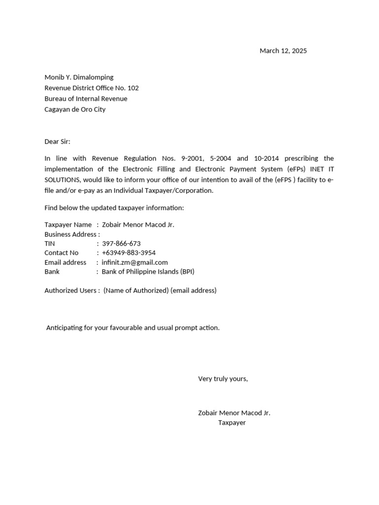 eFPS Application Letter Sample | PDF