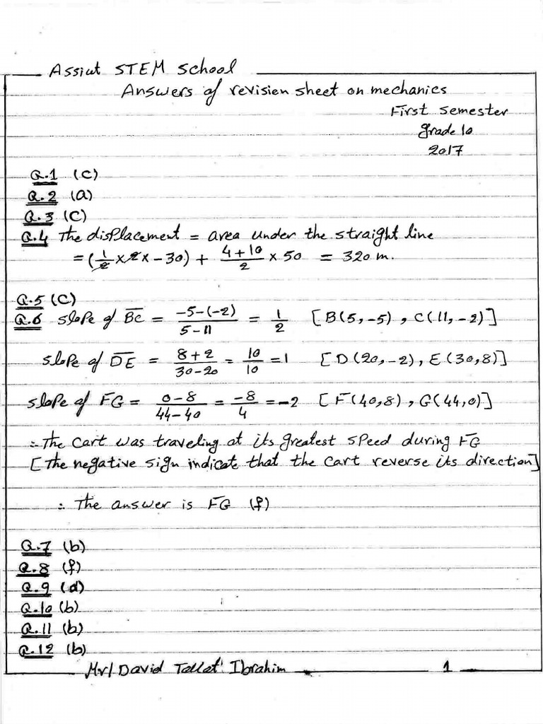Answers of Revision Sheet On Mechanics Grade 10 First Semester 2017 | PDF