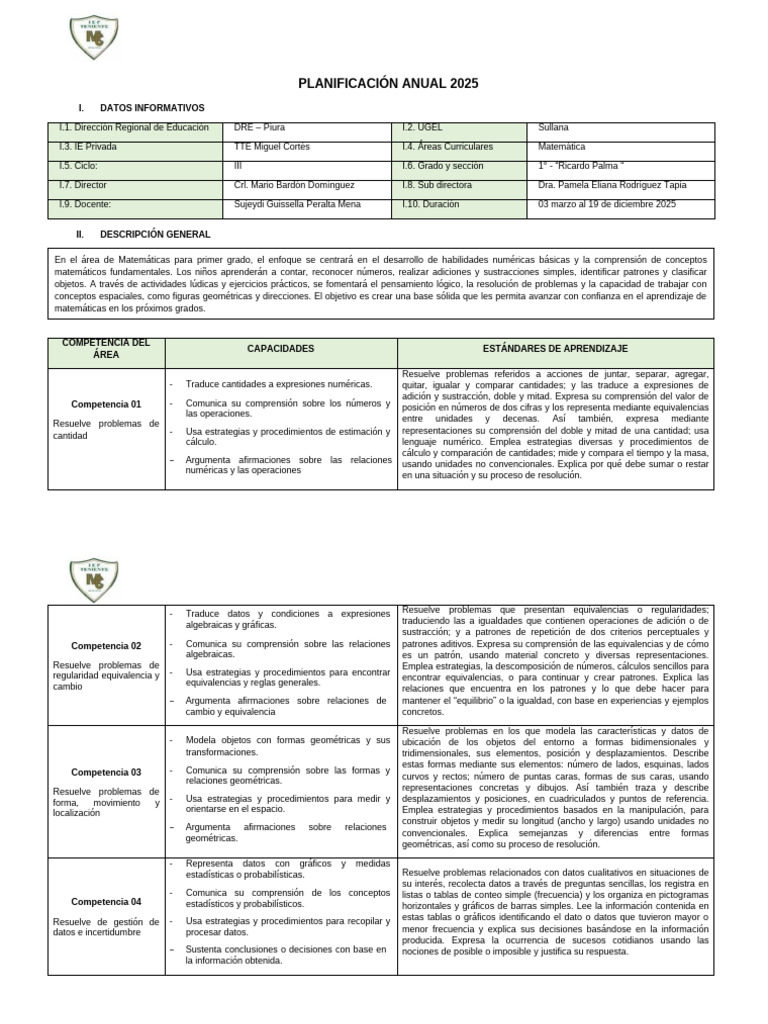Planificación Matemática 2025 1° Grado | PDF | Longitud | Datos