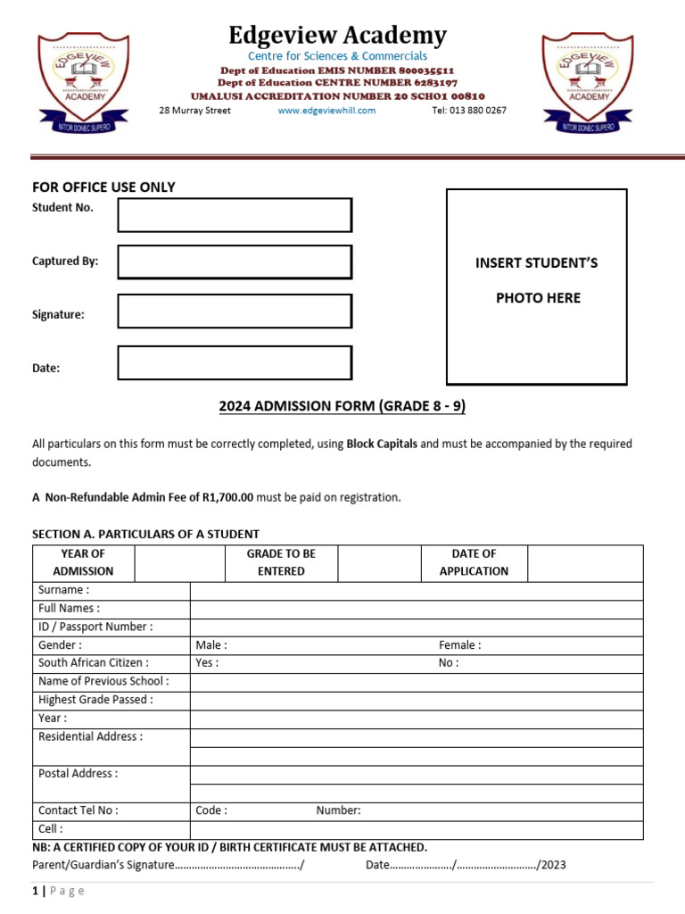 Edgeview Academy Admission & Fees Form | PDF | Surety | Debit Card