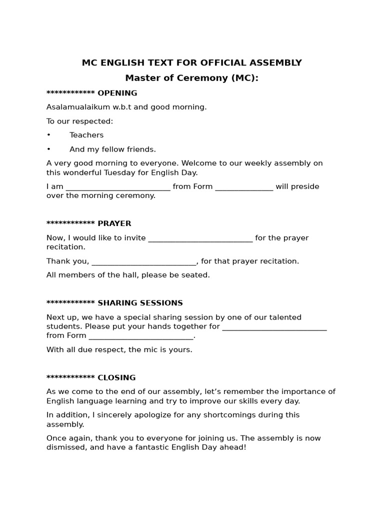 MC Script for English Day Assembly | PDF | Linguistics