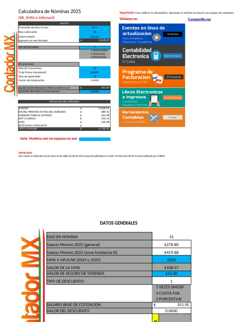 Calculadora de Nómina 2025: ISR, IMSS, Infonavit | PDF | Salario ...