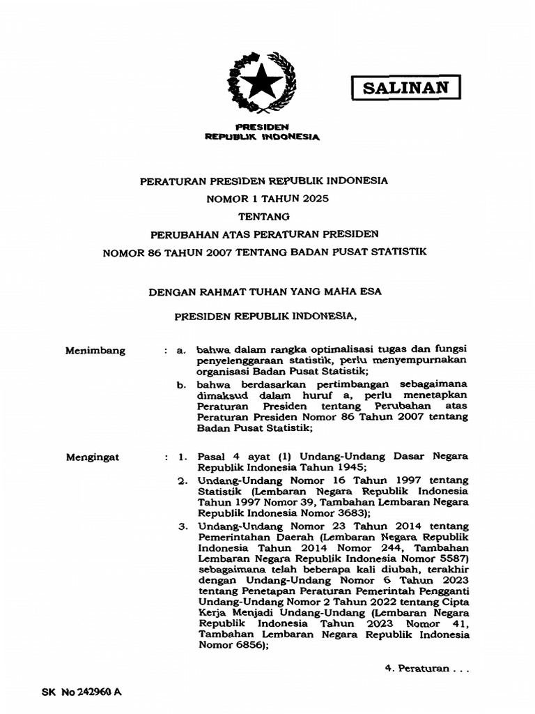 Perpres No. 1 Tahun 2025 tentang BPS | PDF