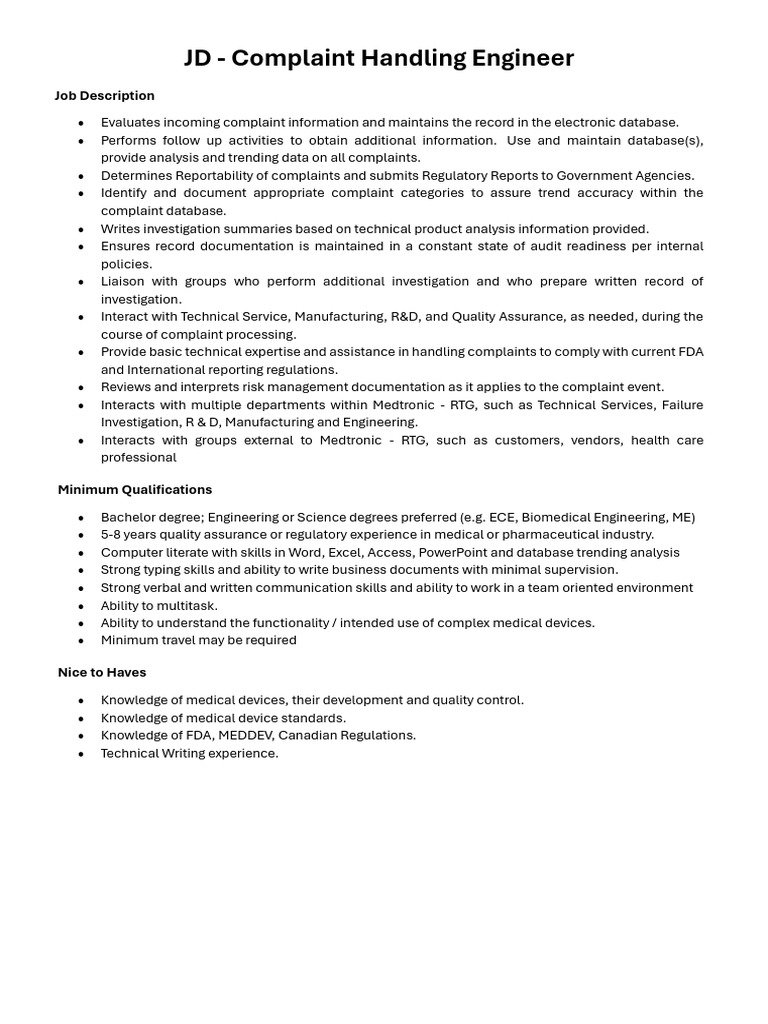 Complaint Handling Engineer Role | PDF