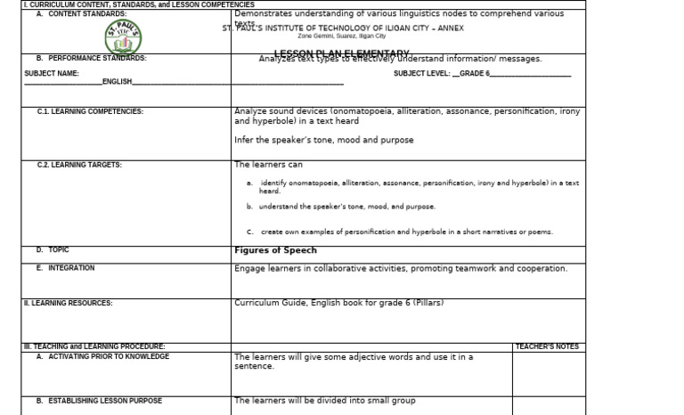 Lesson Plan English Grade 6 | PDF | Curriculum | Communication