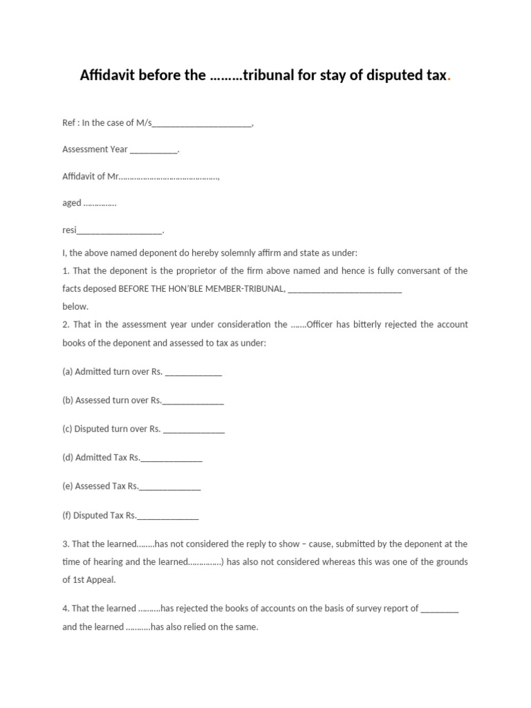 Affidavit Before The Sales Tax Tribunal For Stay Of Disputed Tax PDF 