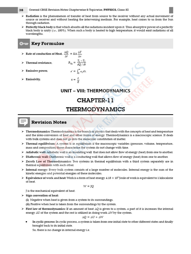 CBSE Class XI Physics Thermodynamics Notes | PDF | Heat | Gases