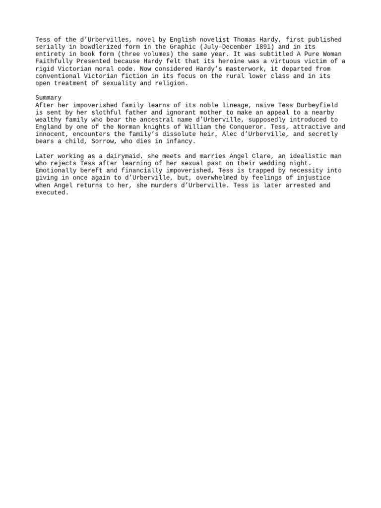 Tess of the d’Urbervilles Overview | PDF
