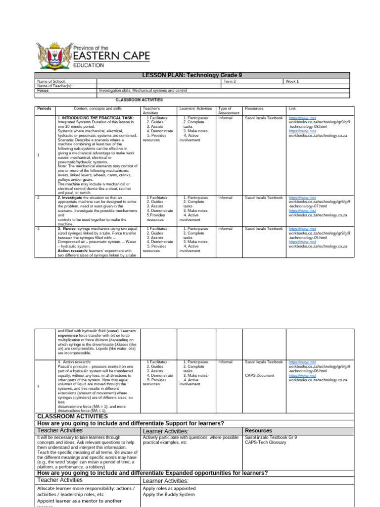 Grade 9 Technology Term 2 Lesson Plan | PDF | Machines | Liquids