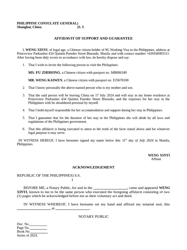Affidavit of Support for Visa Invitee | PDF