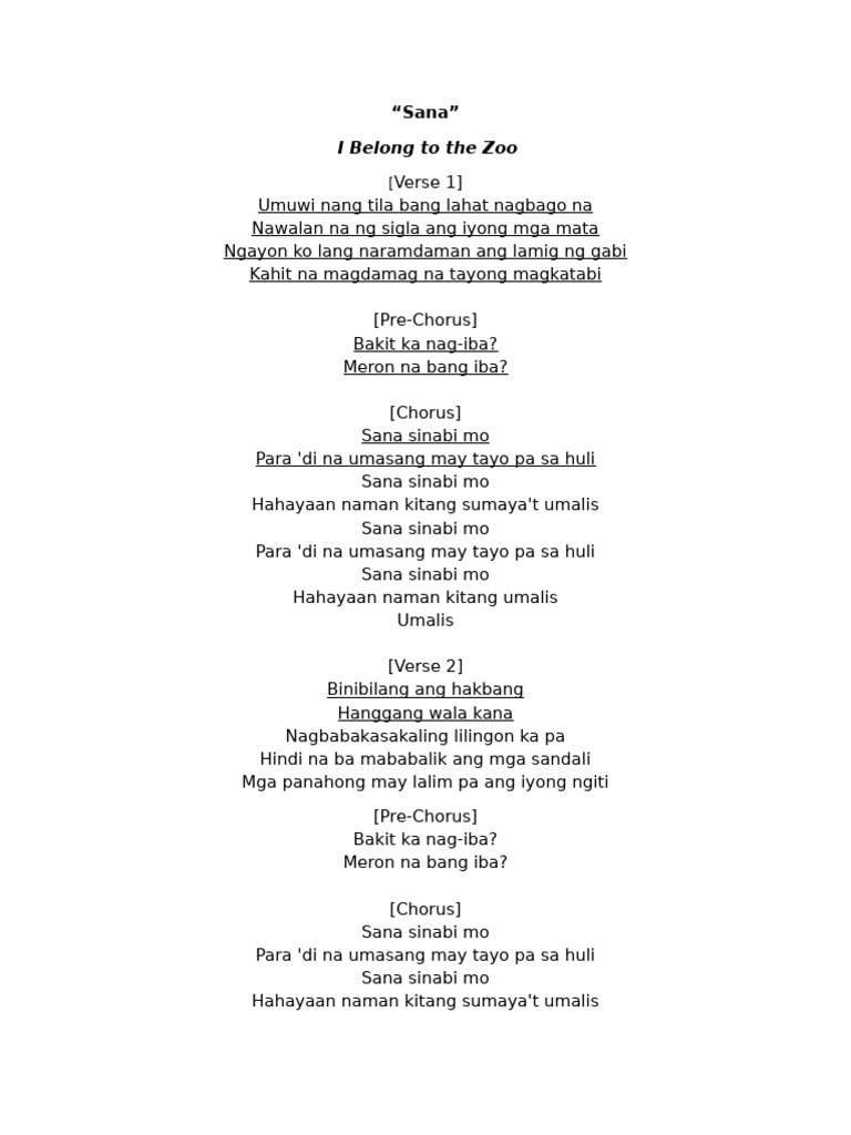 Sana by I Belong To The Zoo Lyrics | PDF