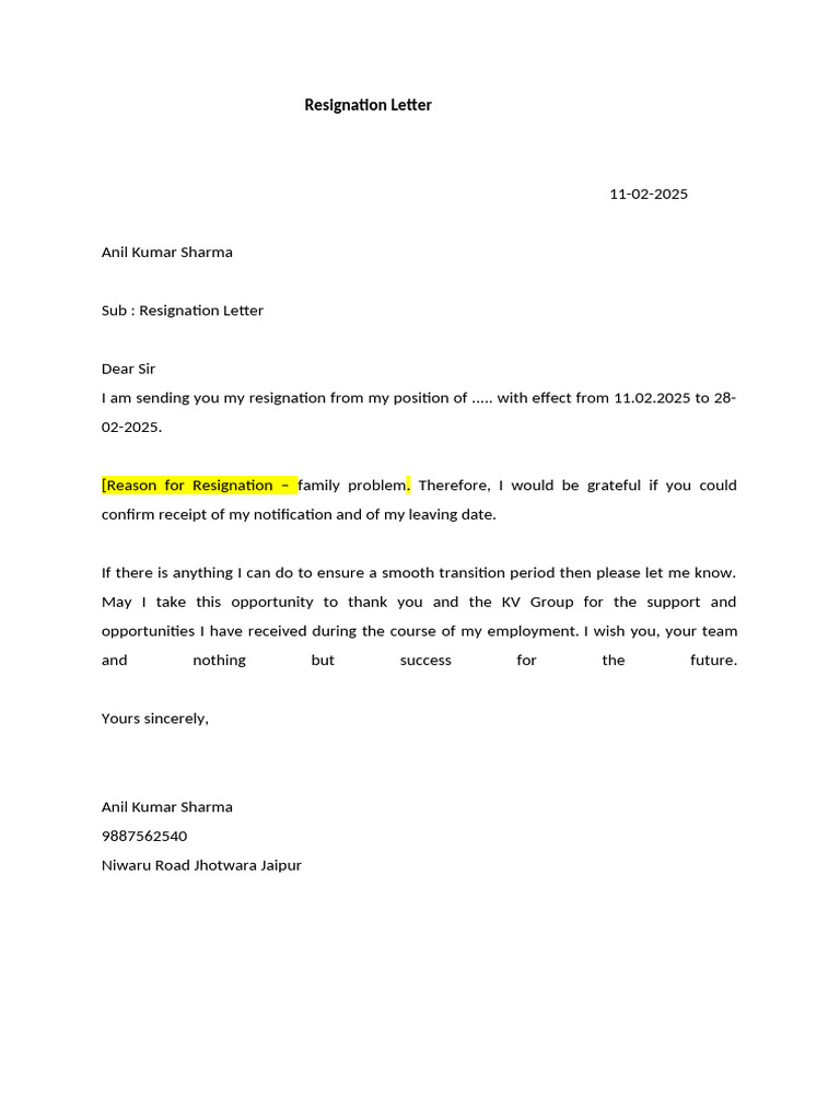 Resignation Letter Template Example | PDF