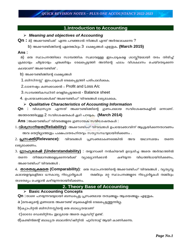 Hsslive Xi Acc Quick Revision Notes Mal Sreekumar | PDF