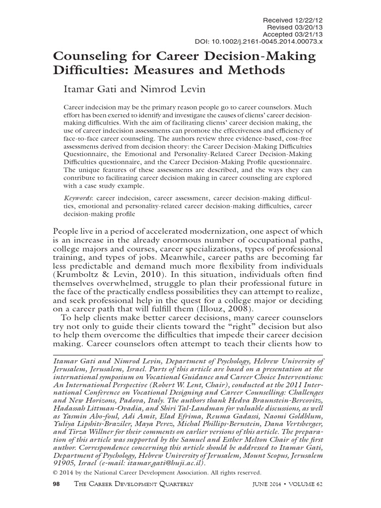 Career Decision-Making Assessments | PDF | Decision Making | Anxiety