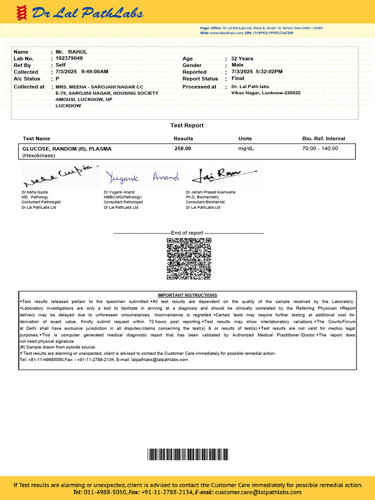 Diabetes Test Report for Mr. Rahul | PDF | Pathology | Doctor Of Medicine
