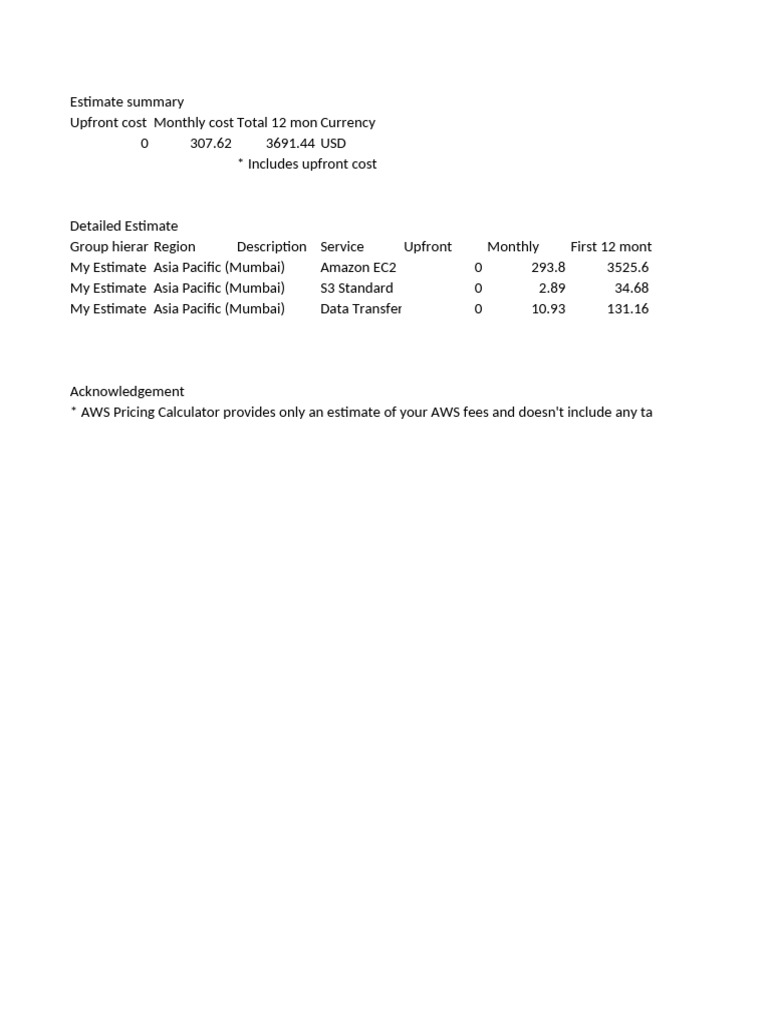 AWS Cost Estimate for EC2 and S3 | PDF