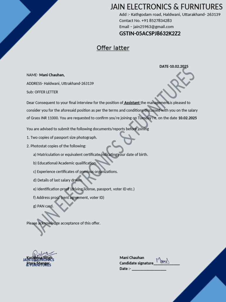 Offer Letter for Assistant Position | PDF