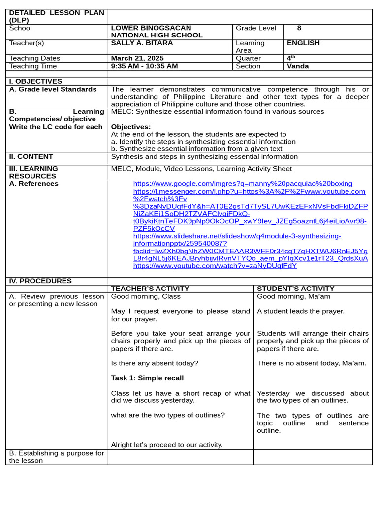 Grade 8 English Synthesis Lesson Plan | PDF | Communication ...