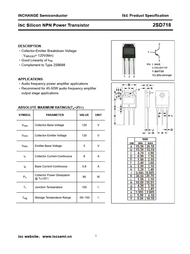 2SD718 NPN Transistor Specifications | PDF | Bipolar Junction ...