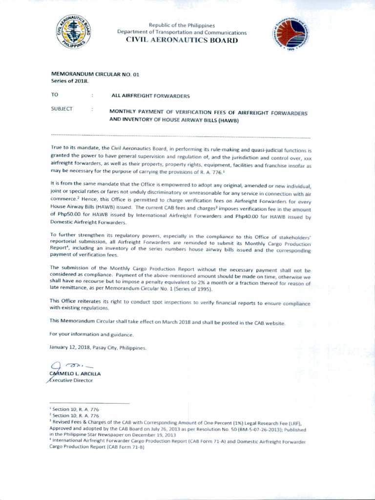 CAB Memorandum Circular No. 01 (Series of 2018) | PDF