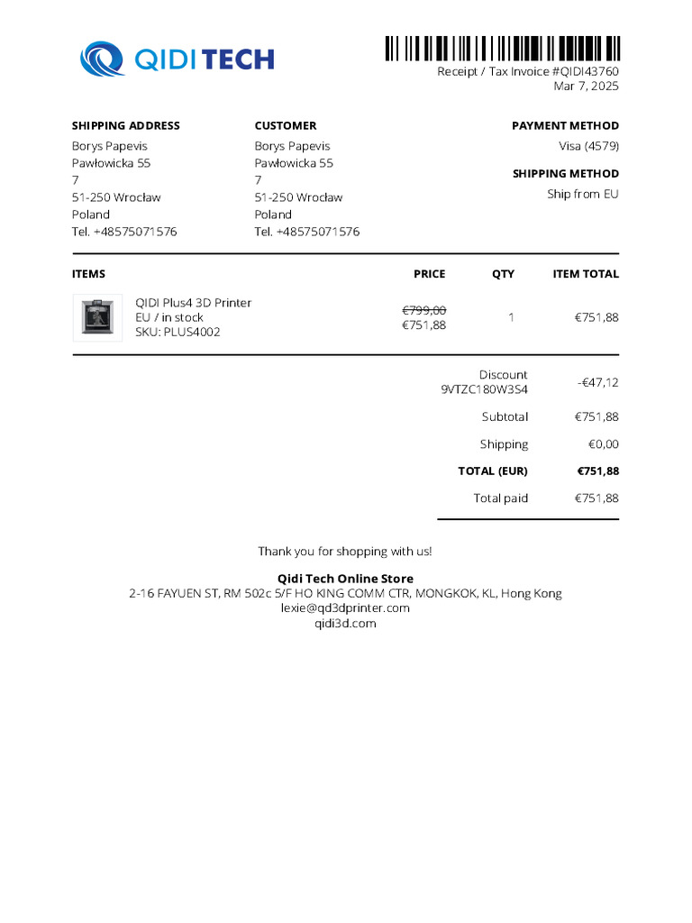 QIDI Plus4 3D Printer Invoice #QIDI43760 | PDF