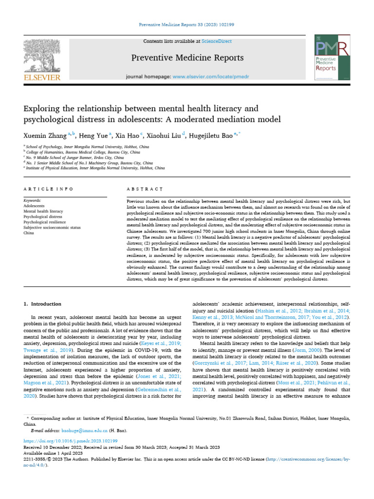 Zhang Mental Health Literacy and Psydist | PDF | Psychological ...