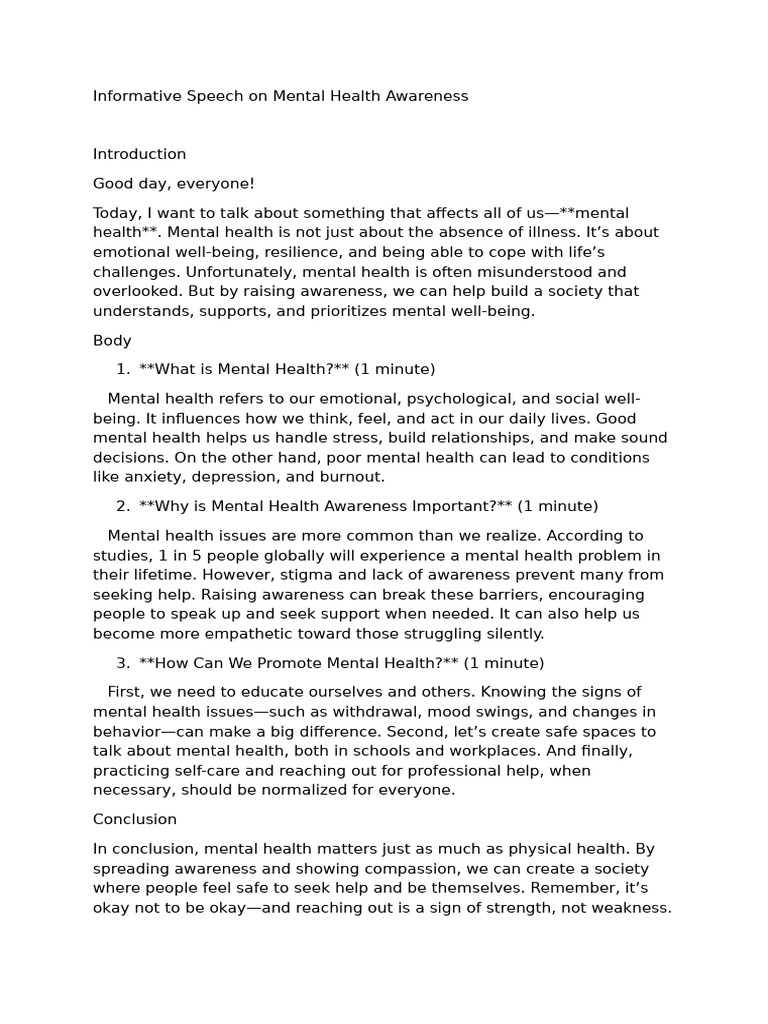 Mental Health Awareness Speech | PDF