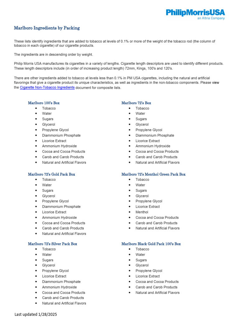 list of ingredients in cigarettes Marlboro Cigarette Ingredients List | PDF | Glycerol