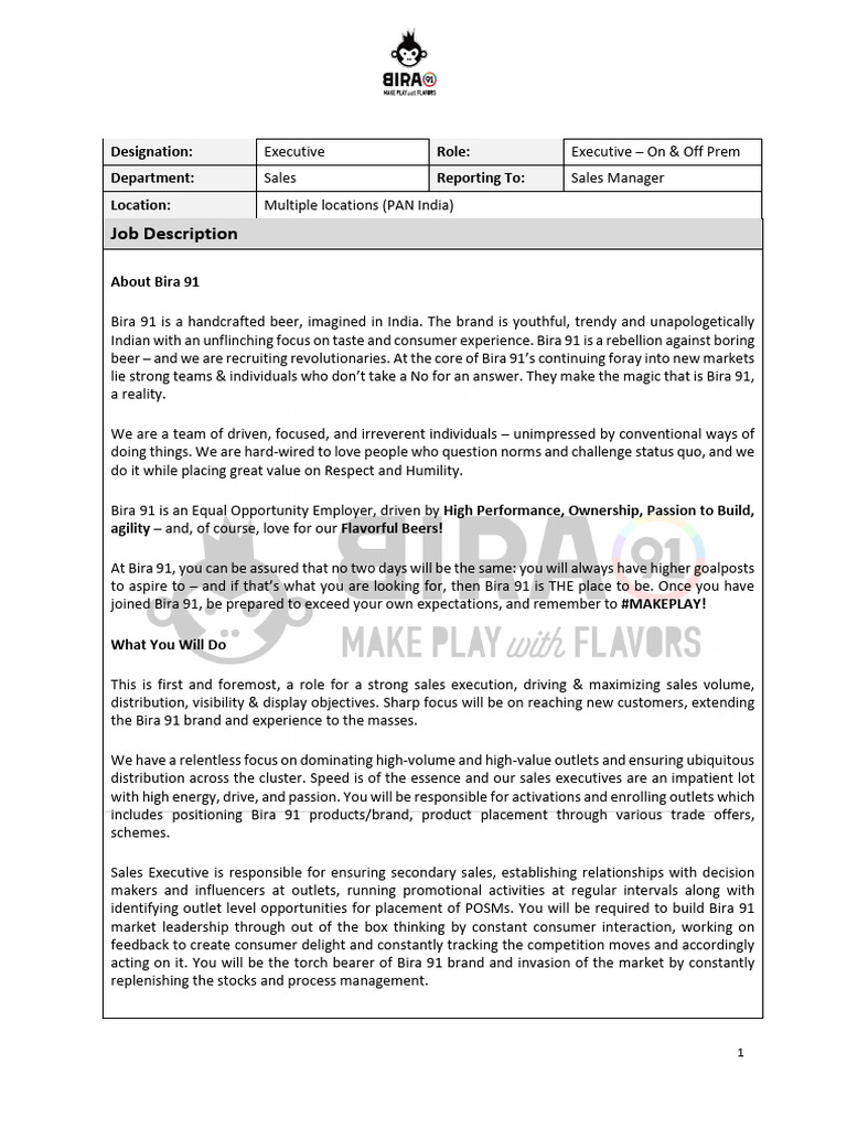 JD - Sales Executive - On+Off Prem | PDF | Brand | Business