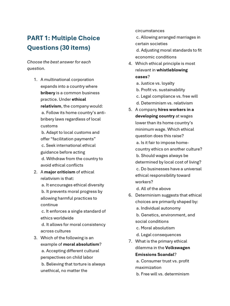 Ethics Practice Midterm Exam Pdf Cost Of Living Business Ethics