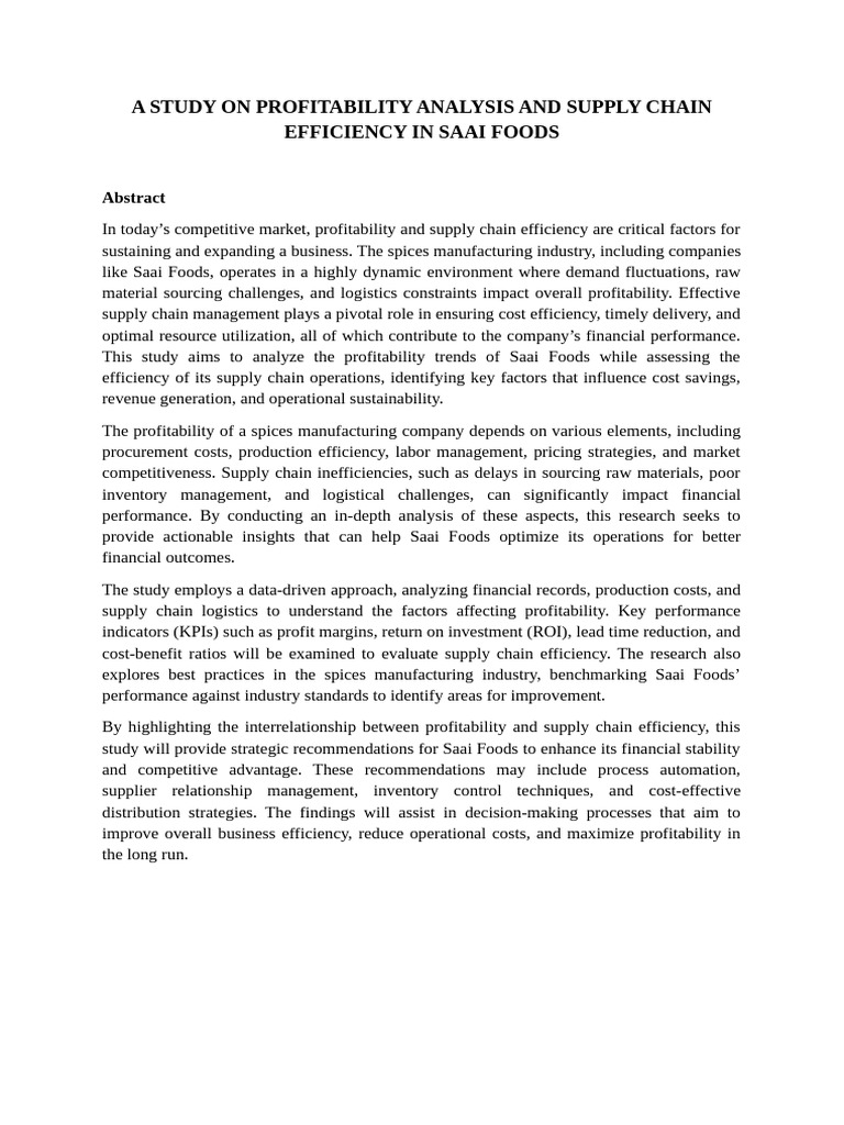 A Study on Profitability Analysis and Supply Chain Efficiency in Saai ...
