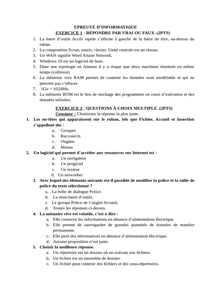Épreuve d'informatique : exercices et définitions | PDF | Fichier ...