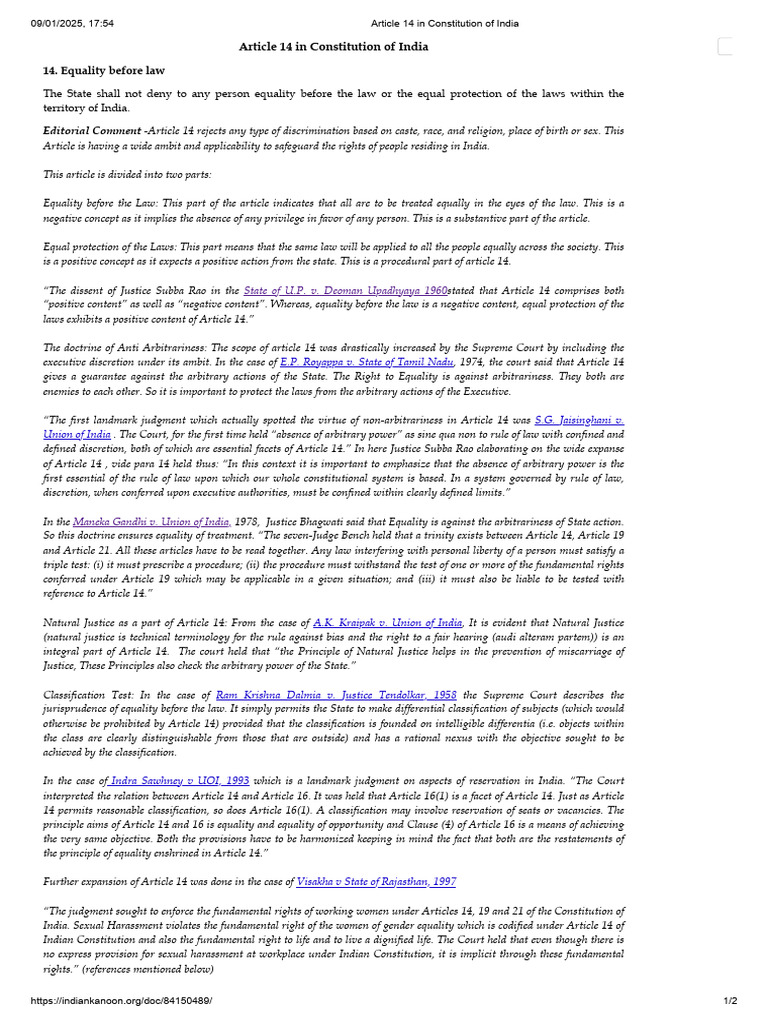 Article 14: Right to Equality in India | PDF | Equal Protection Clause ...