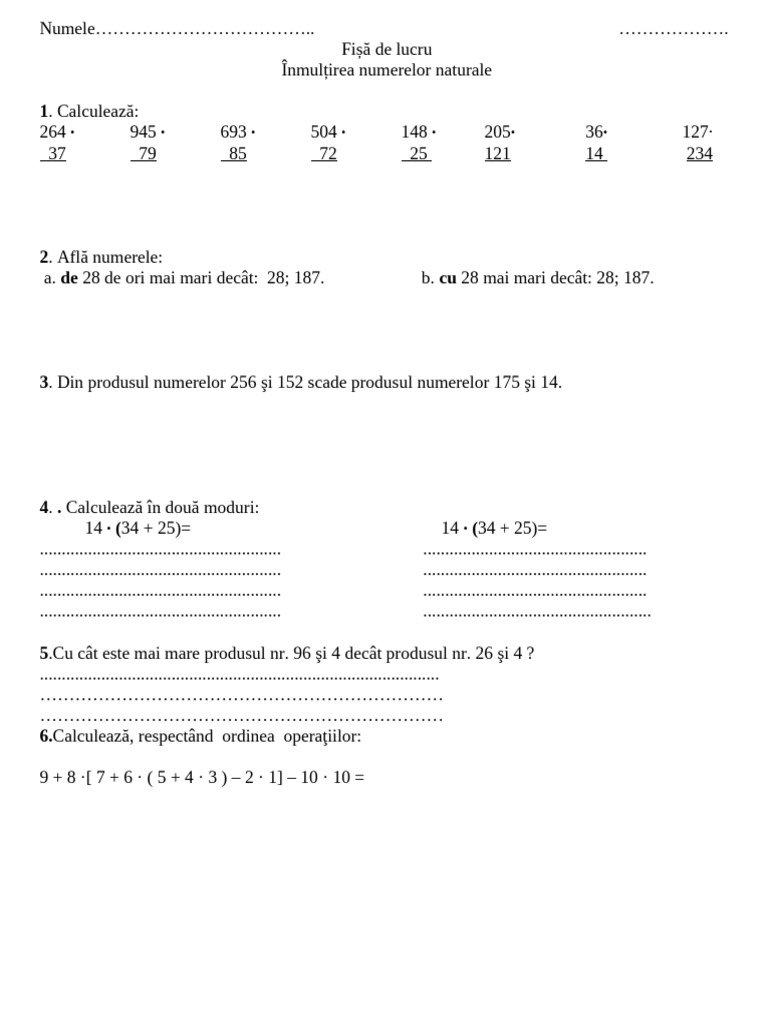 Fise de Lucru Inmultire A IV A | PDF