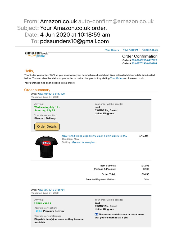 Amazon Order Confirmation Details | PDF | Value Added Tax | Business