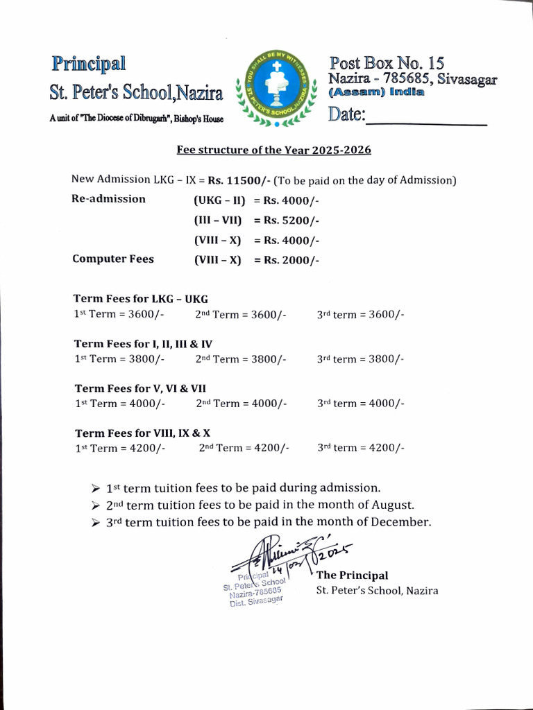 St. Peter's School Nazira Fee Structure 2025-26 | PDF