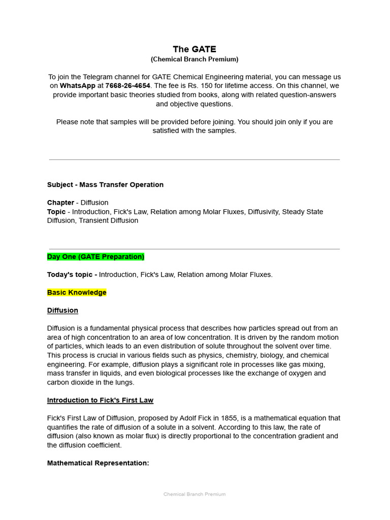 GATE Mass Transfer: Diffusion Insights | PDF | Diffusion | Transport ...