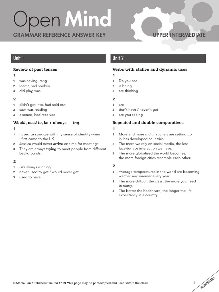 Open Mind Upper Intermediate Grammar Key | PDF | Verb | Linguistics