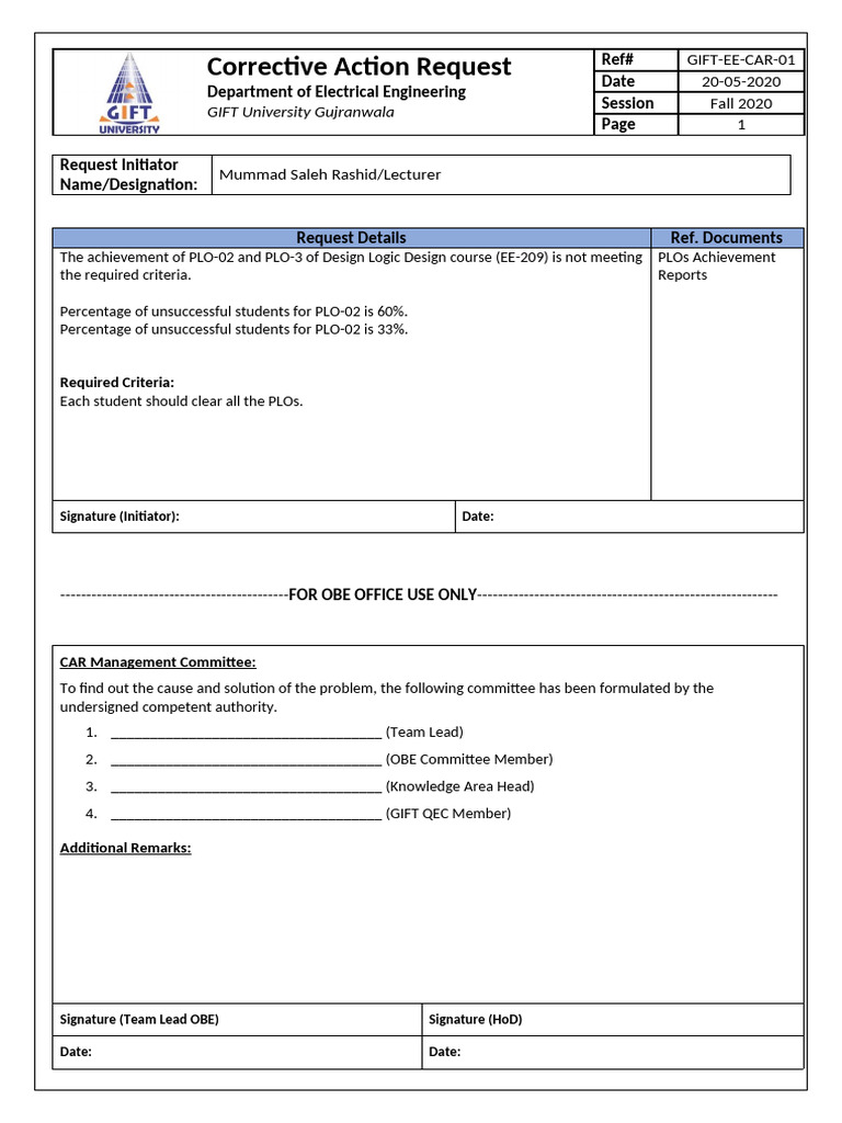 Corrective Action Request for EE Course | PDF