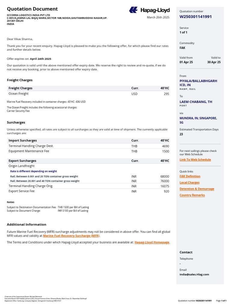 Quotation for Freight Services W250301141991 | PDF | Cargo | Transport