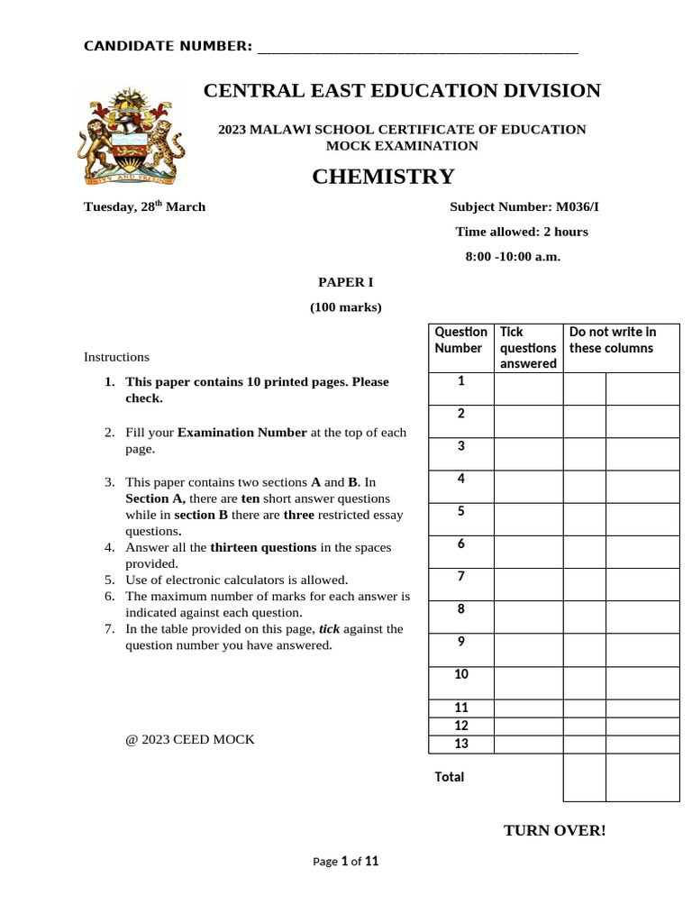2023 MSCE Chemistry Mock Exam | PDF | Urea | Chemical Reactions