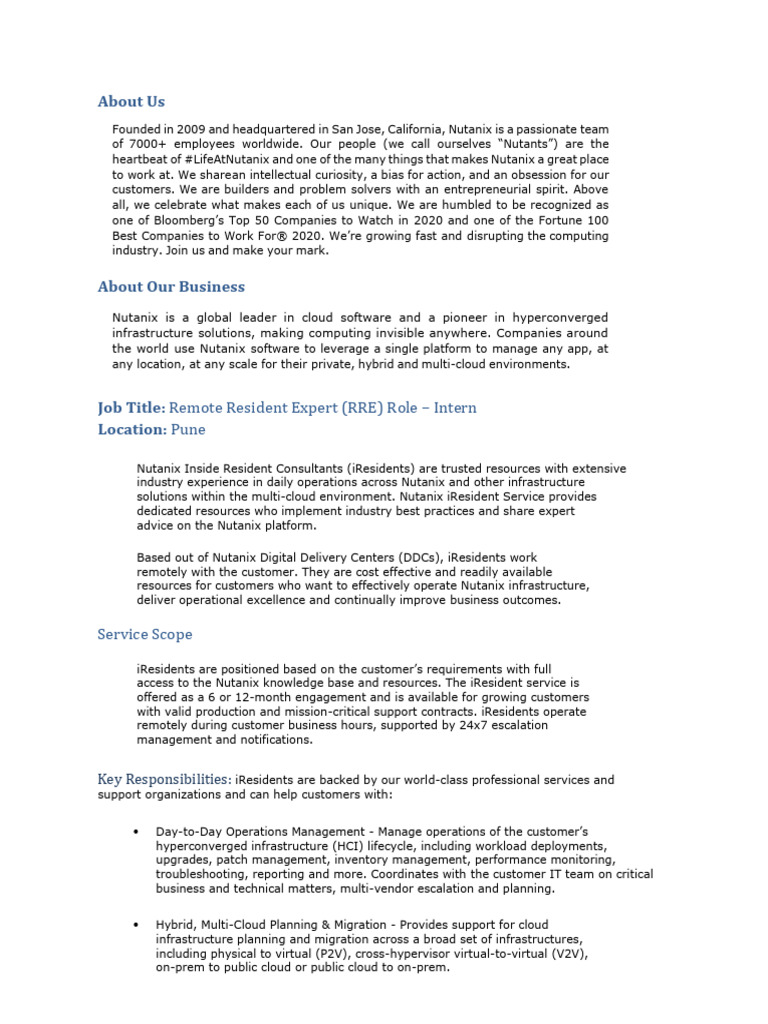 Nutanix - RRE Intern Job Description | PDF | Cloud Computing | Computing