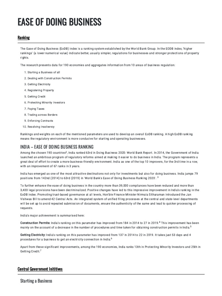 India's Ease of Doing Business Ranking 2020 | PDF | Customs | Taxes