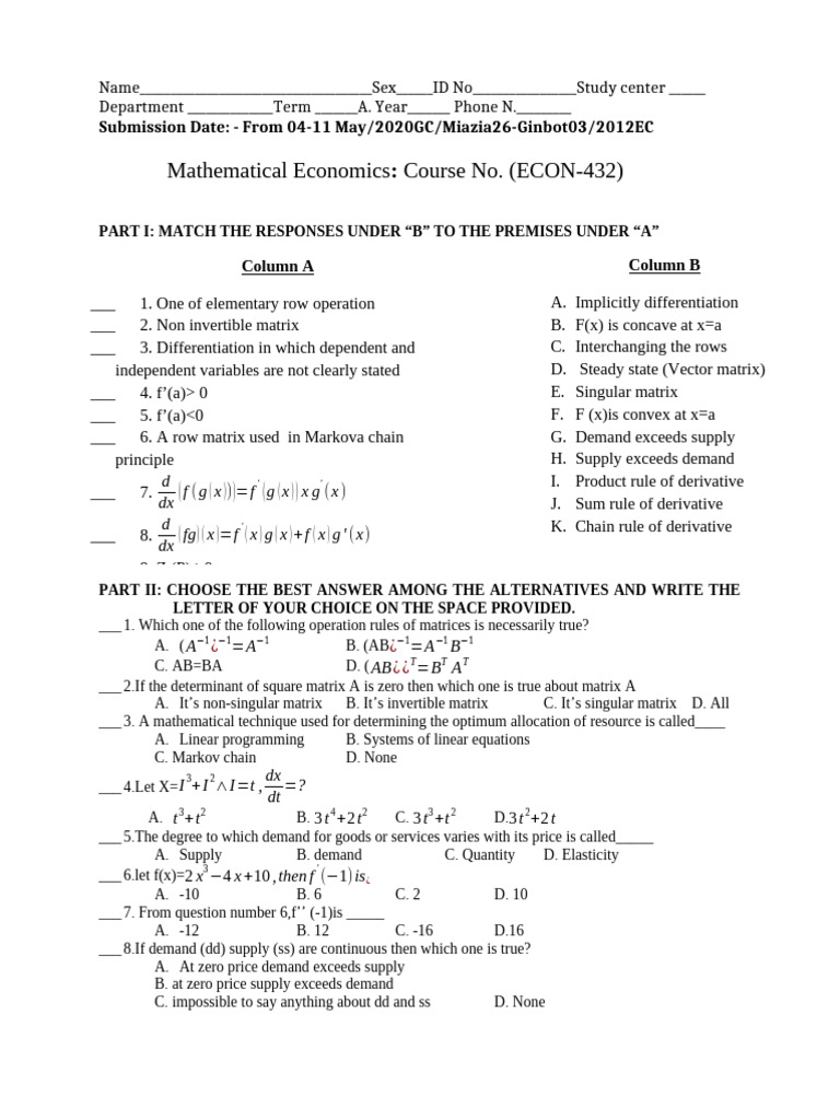 Mathematical Economics Exam Questions | PDF | Matrix (Mathematics) | Demand