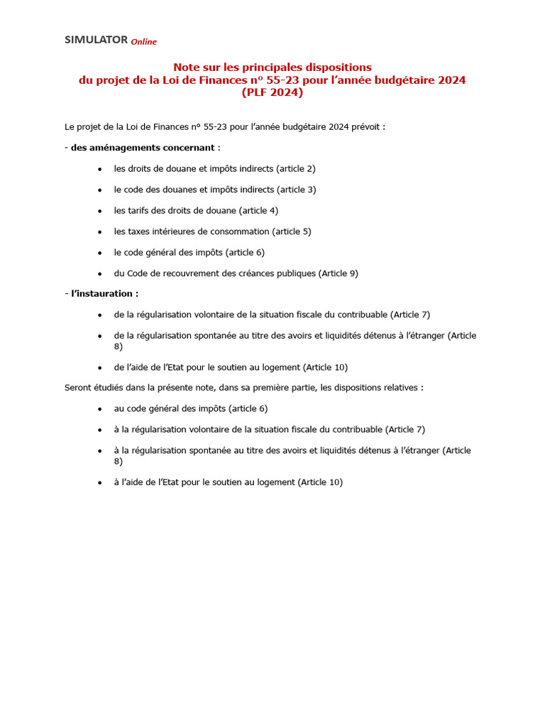 Dispositions clés du PLF 2024 en fiscalité | PDF | Impôts | Taxe sur la ...