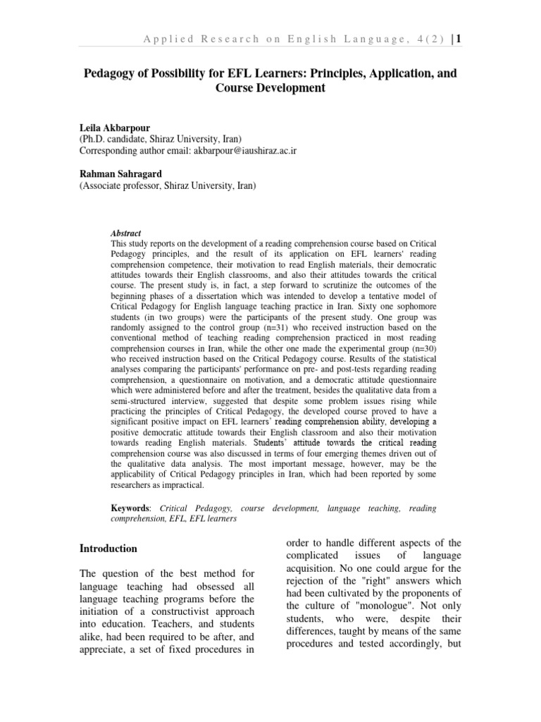 Critical Pedagogy in EFL Course Design | PDF | Pedagogy | Teachers