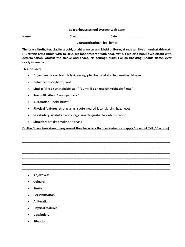Characterisation worksheet PDF